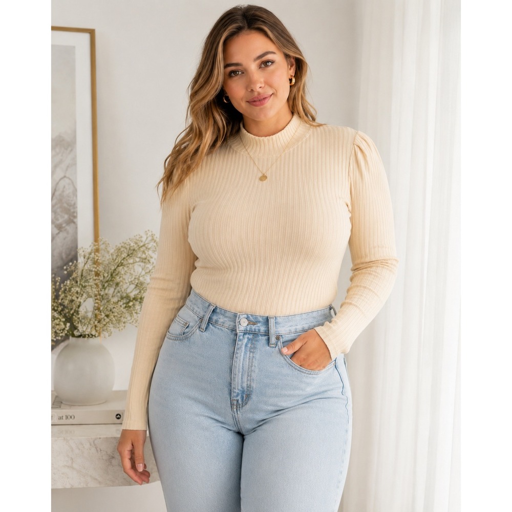 Band of the Free Ivory Ribbed Mock Neck Puff Sleeve Top Large NWT